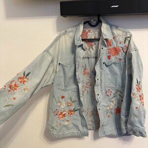 Johnny Was Light Blue Jean Jacket with Floral Embroidery
